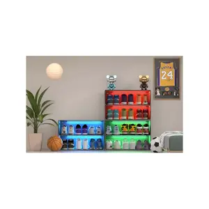 Special sale  Wooden Stackable Sliding Glass Door Organizer Box with RGB Led Light for Up To 6 Pairs of Shoes Shoe Storage Bin For Display Sneakers