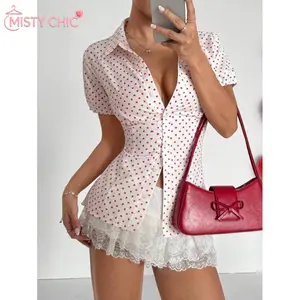 MISTY CHIC Valentine's Day Heart Minimalist Casual Women Short Sleeve Shirt,Collared Button-Front Blouse With Heart Print And Cinched Waist