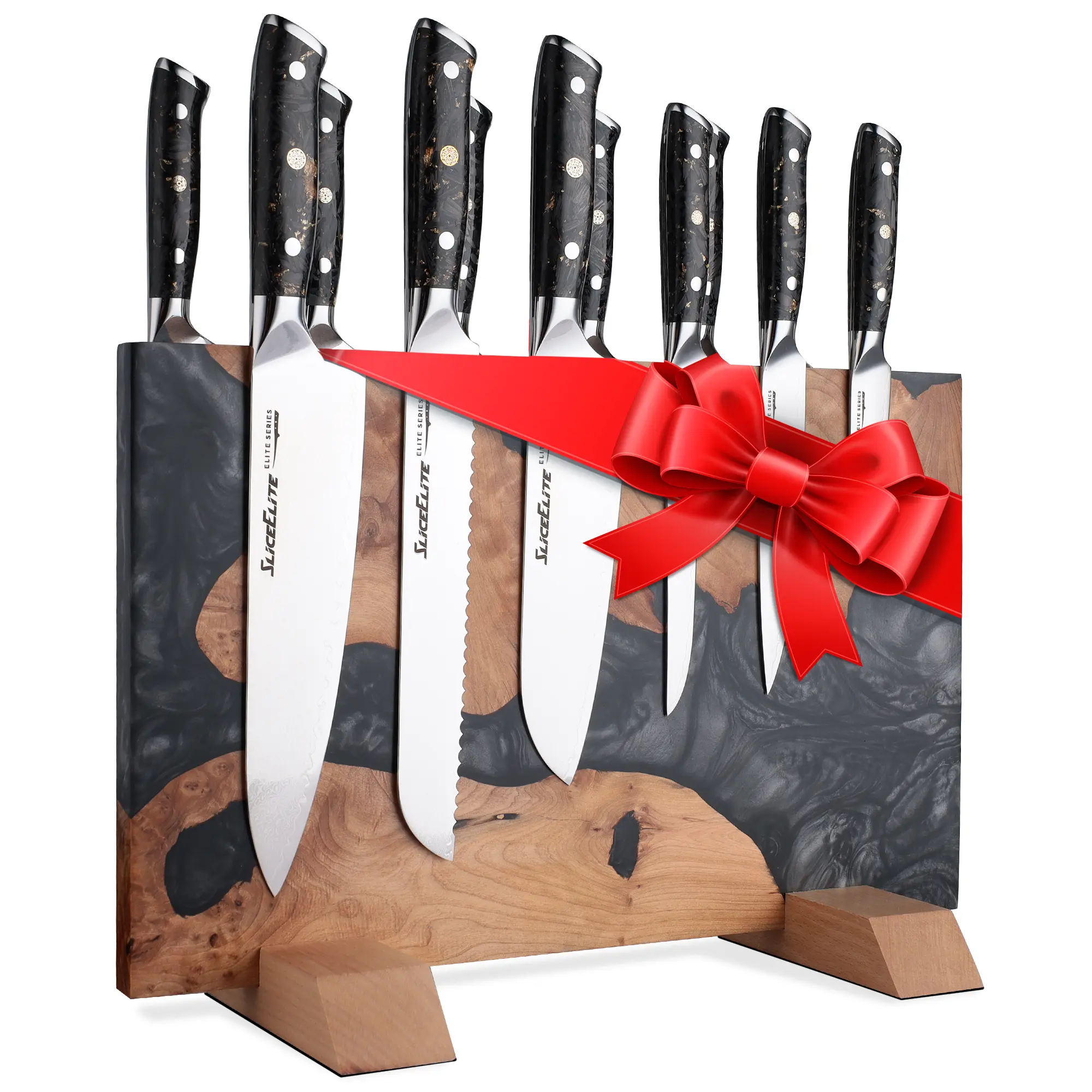 SliceElite Magnetic Knife Block Double Sided Holder East Indian Walnut Black Resin Dual Surface Magnet Storage for Knives on Kitchen Countertop Holds Up To 20 Knives