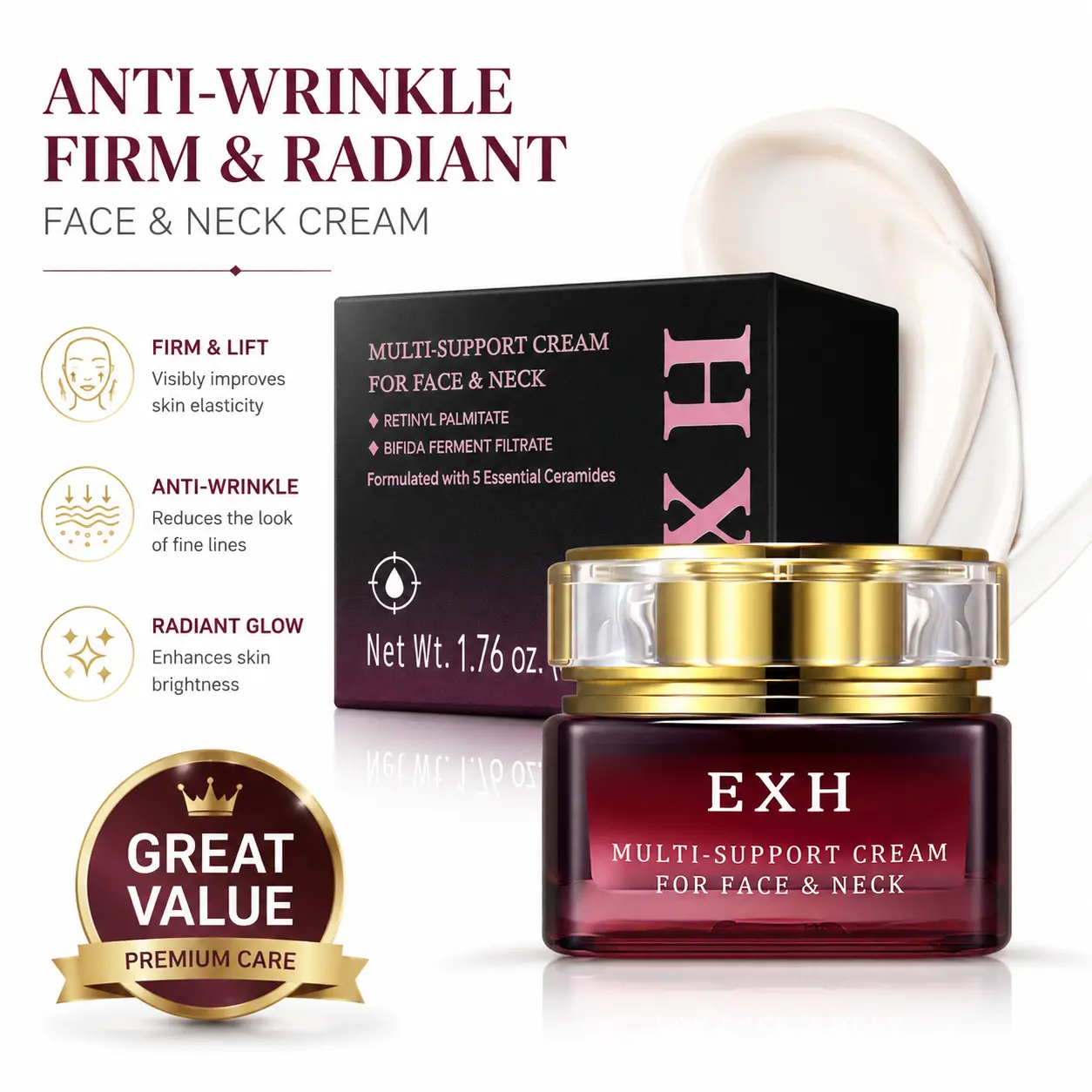 【Professional Grade】EXH Neck & Face Firming Cream, Tighten and Lift Loose Skin, Targets Neck Wrinkles, Peptide-Infused Moisturizer, Deep Moisturizing, Lifting Care for Crepey Skin, Unisex, Cruelty Free-B2