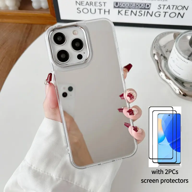 Mirror Case for iPhone 17/16/15/14/13/12/11 Pro Max with 2PCs Tempered Glass Screen Protectors, Mirror for Girls Women Makeup, TPU Frame Acrylic Mirror Back, Slim Fit Anti-Drop Shockproof Protective Case for iPhone 17 Pro Max