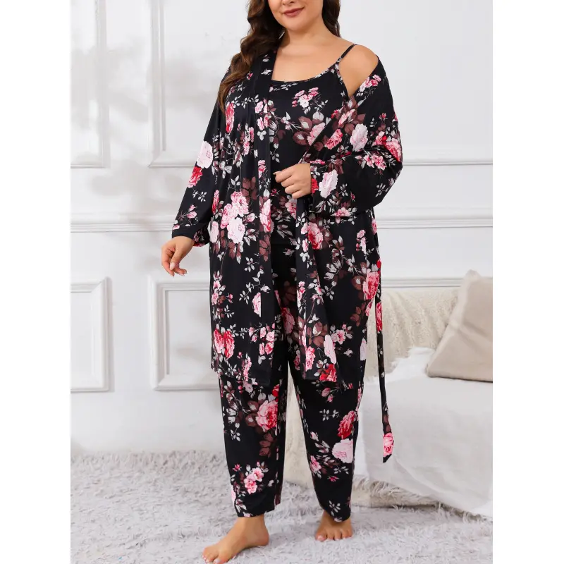 Elegant Casual Sleepwear Set Floral Print Jumpsuit Long Sleeve Top Matching Bottoms for Women Nightwear Loungewear