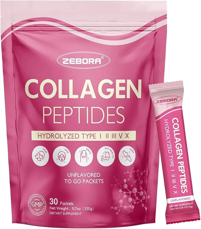 ZEBORA Multi Collagen Peptides Powder Packets for Women, 30 Packets | Type I II III V X, Hydrolyzed Collagen Peptides with Probiotics, MCT, Hyaluronic Acid, Supports Skin Hair Nail & Gut