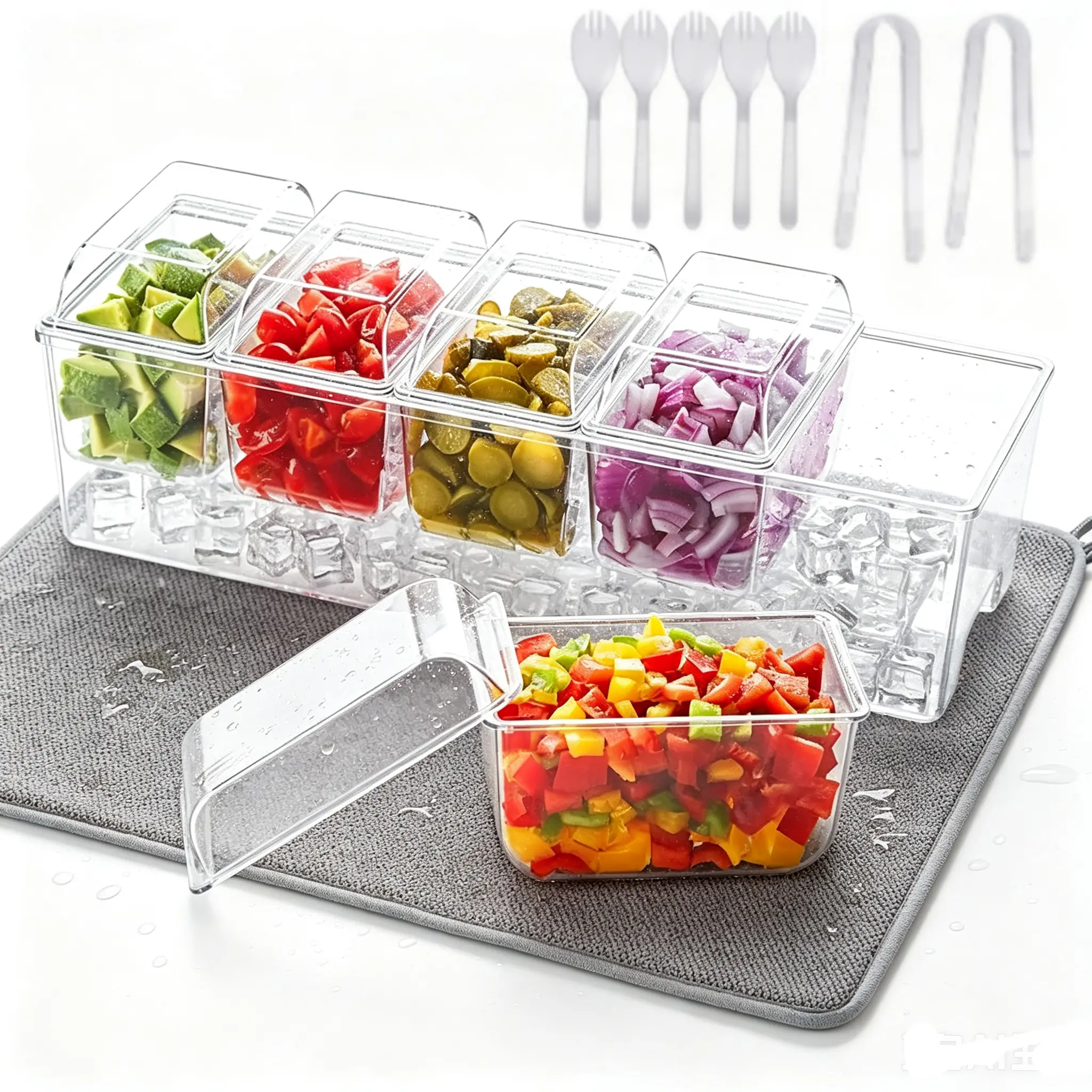 Detachable Ice Cooled Condiment Organizer with 5 Removable Storage Boxes, Transparent Fruit Vegetable Garnish Tray with Water Absorbent Microfiber Mat, Multi Section Chilled Serving Container for Picnic, Kitchen, Party Drinks