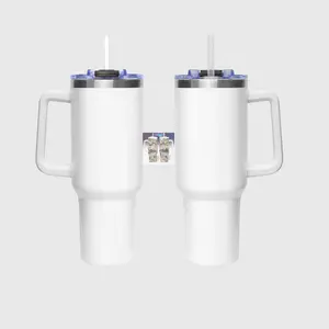 Blank White 40oz Tumbler With Handle & Straw, Sublimation Skinny Travel Mug, Insulated Stainless Steel Drinkware, Gift For Men & Women
