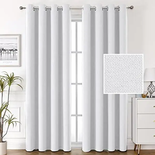 100% Blackout Linen Curtains 96 inches Long Thermal Curtains for Living Room Textured Burlap Curtains with Double Face Linen Grommet Soundproof Bedroom Curtains 52 x 96 Inch, 2 Panels - White