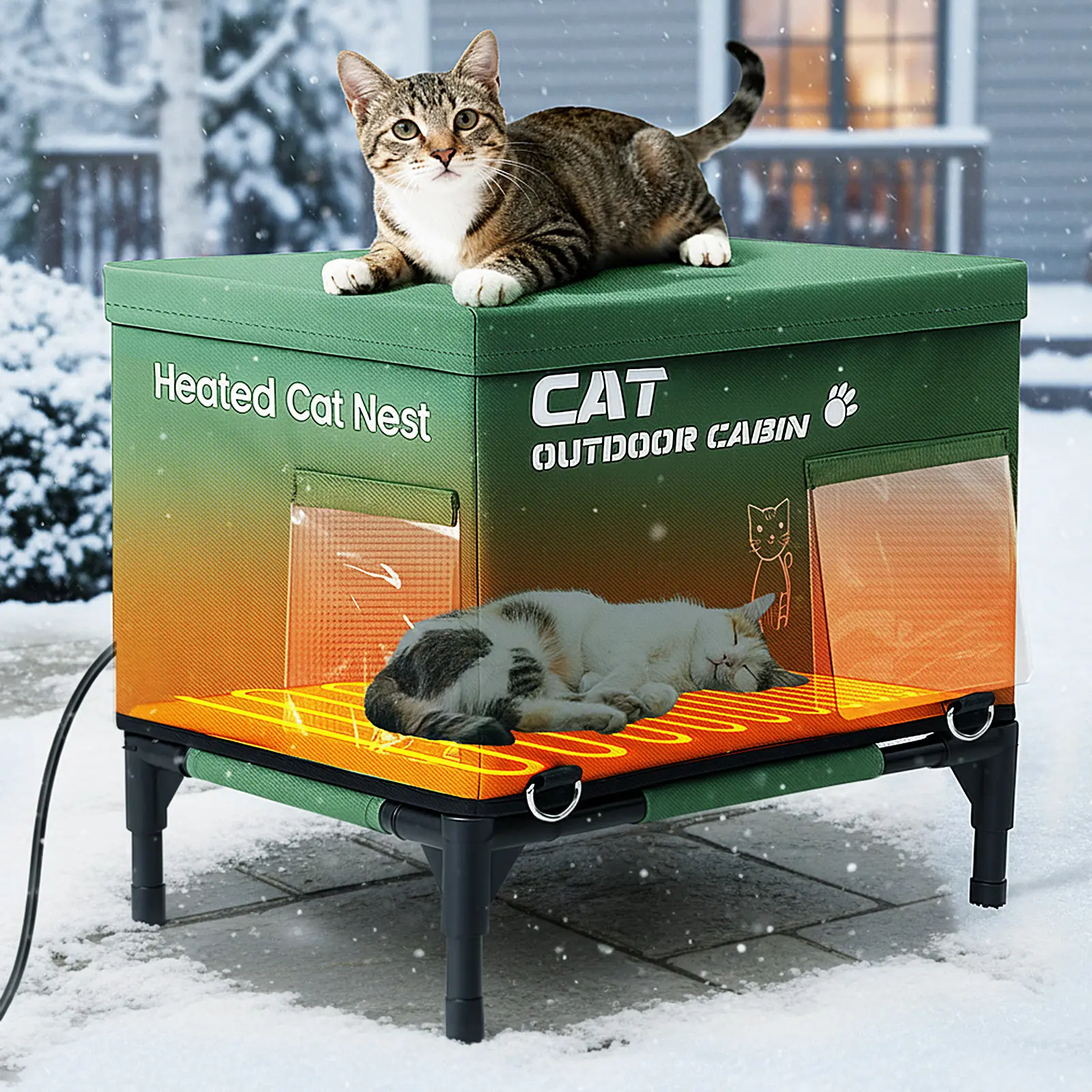 SLSY Heated Outdoor Cat House, Weatherproof Winter Cat Shelter with Elevated Base, 3-Level Adjustable Heating, Insulated Feral Cat House for Outdoor, Garage & Yard, Large Cat Shelter