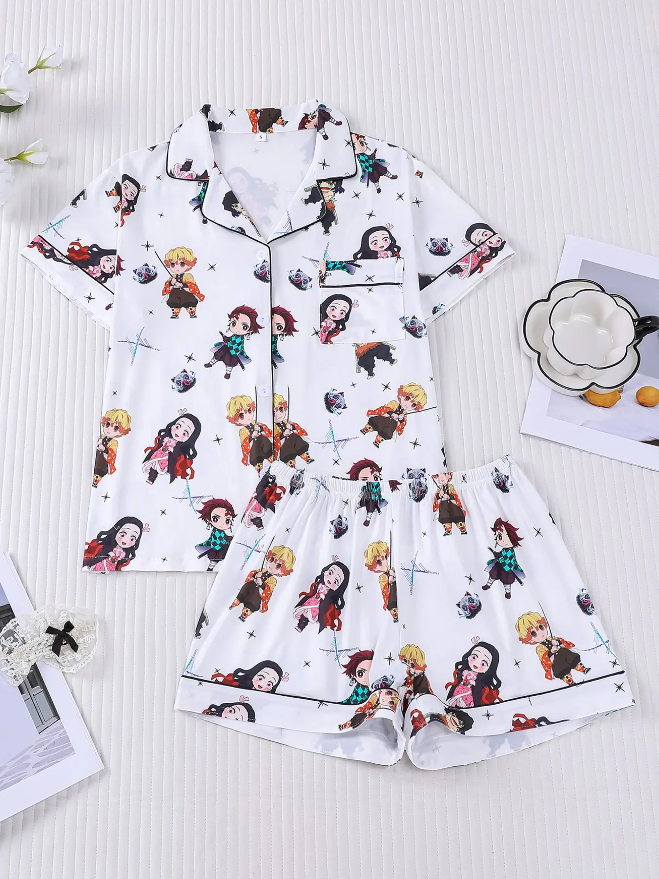 2pcs Popular Anime Character Demon Slayer Print Shorts Pajama Set - Cute Cartoon Short-Sleeve Pjs (Button Collar + Pocket) - Soft Casual Nightwear Loungewear And Homewear Set/Sleepwear for Hit Anime Fans Homewear