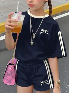 Teen Girls Casual Set, Mini Bow Decor, Contrast Cream Striped Short Sleeve Round Neck Top and Shorts, Summer Fall Comfortable Clothing, Striped Sets