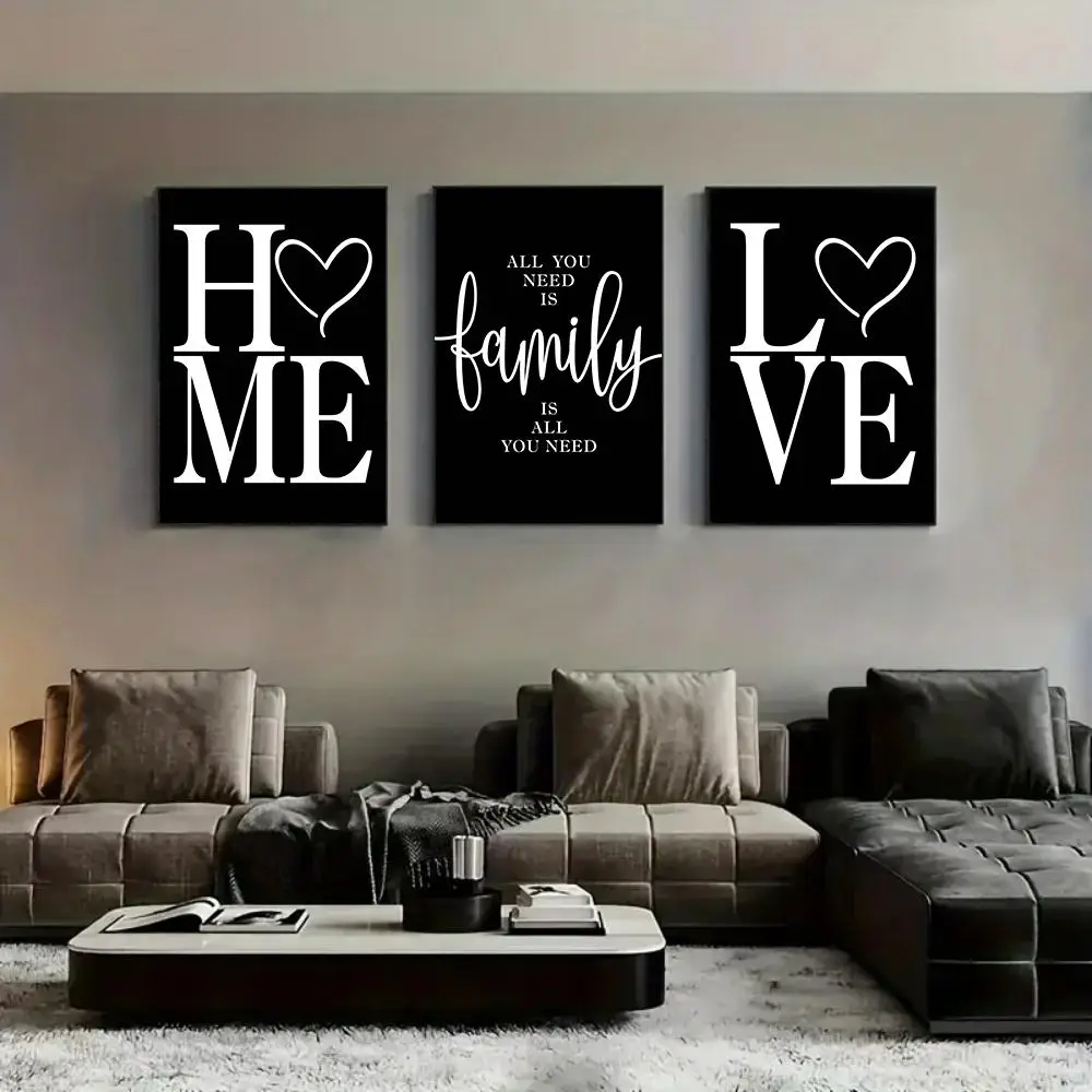 Heart & Letter Pattern Unframed Painting, 3 Counts/set Modern Canvas Wall Art, Interior Wall Decor for Home Living Room Bedroom Study Room, Home Esse