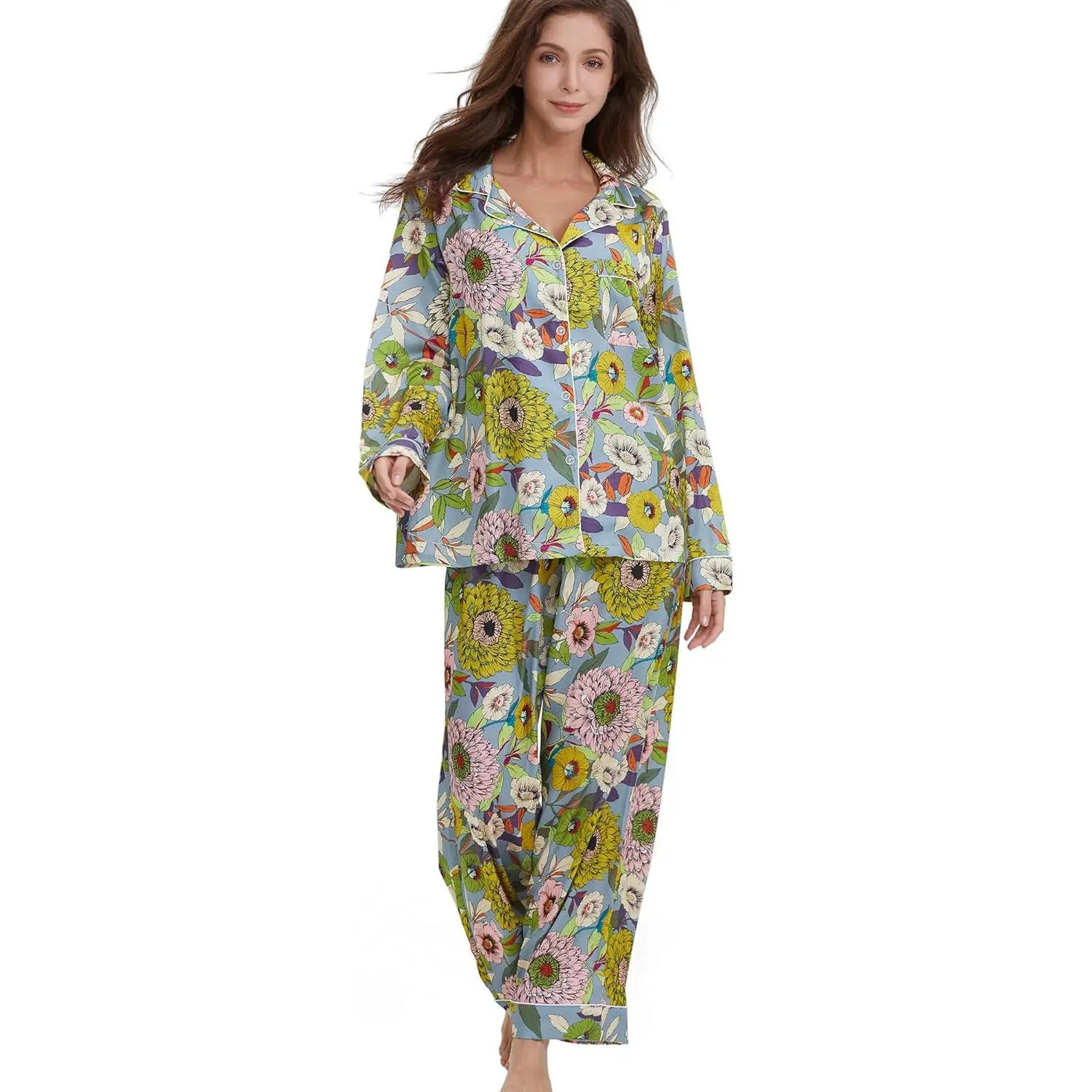 Women's Silk Satin 2-Piece Pajama Set - Long-Sleeve, Button-Down, Oversized Lady Loungewear with Pockets 2026, Longsleeves, Floral, Cream Floral, Large, Nightwear, 2 Piece Set