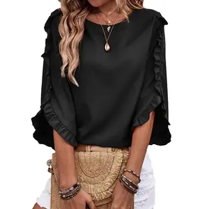 EVALESS 3/4 Long Sleeve Womens Tops Dressy Casual Lightweight Loose Blouses Crew Neck Ruffle Sleeve Shirts Business Work Tops 2026 Trendy Womenswear Spring Outfits