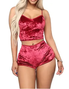 Women's Velvet 2 Piece Outfit Spaghetti Strap Crop Top Shorts Set Womenswear Chic Comfortable Soft Underwear