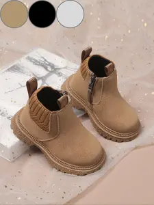 Unisex Outdoor Ankle Solid Color Boots for Kids, PU Leather & Rubber Sole, Casual Walking Shoes with Side Zipper Design, All Season Wear
