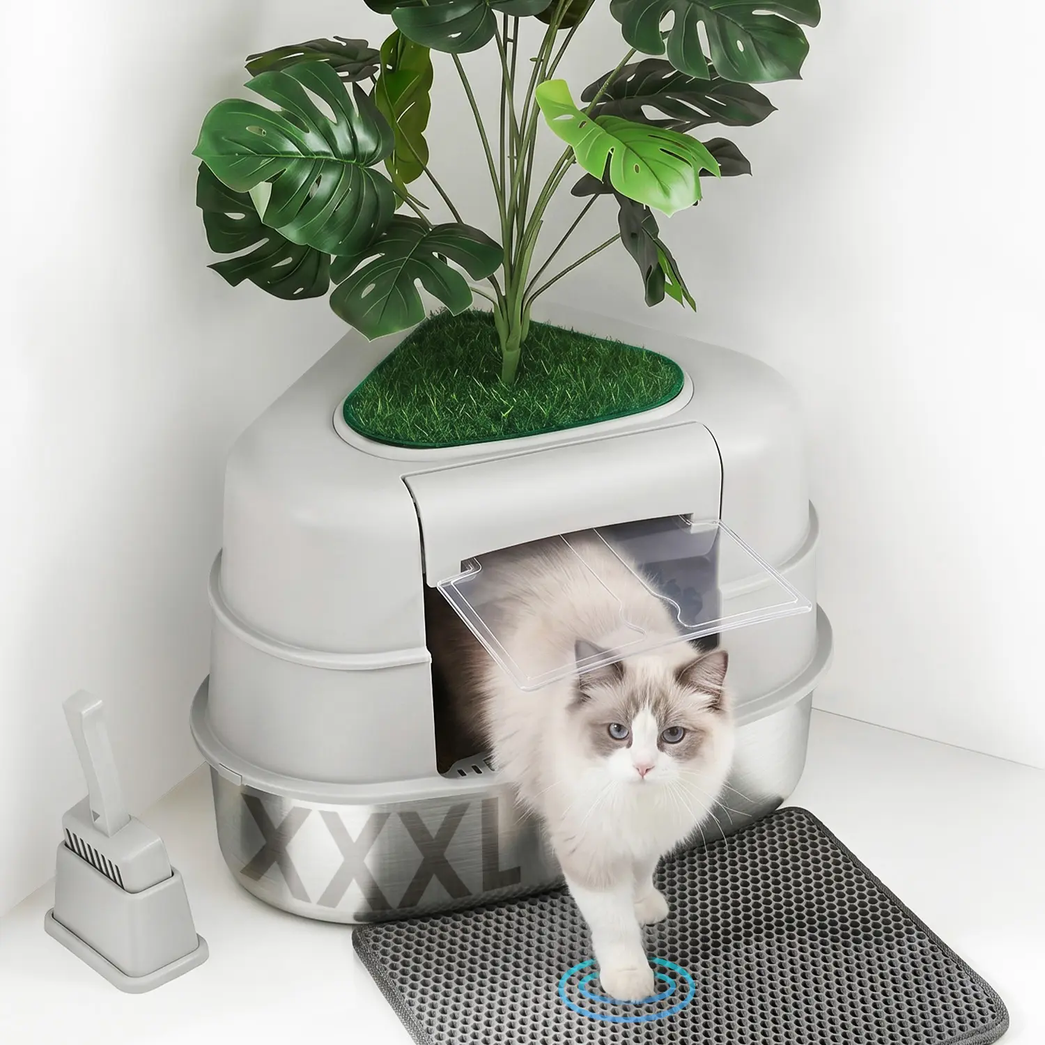 Kettnjoy Large Stainless Steel Corner Cat Litter Box with Lid, Hidden Plant XXL Litter Pan Enclosure with Faux Plant, Easy Cleaning Triangle Covered Decorative Litter Tray, Gray