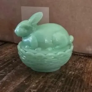 Mosser Jadite Bunny on Basket - Green Glass Decorative Piece with Rabbit Design