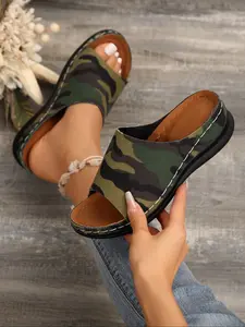 Women's Retro Camouflage Slip-On Sandals, Thick Sole Platform Open Toe Slippers, Summer Outdoor Lazy One-Step Mules Shoes