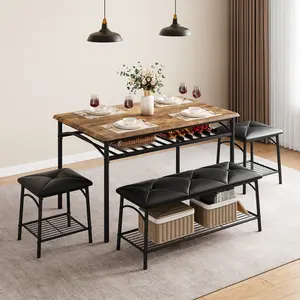 Dining Table with Benches, Kitchen Table Set for 4, Dining Room Table Set with Upholstered Bench and Square Stools, Metal and Wood Dining Table Set for 4 with Storage for Small Space-Vintage