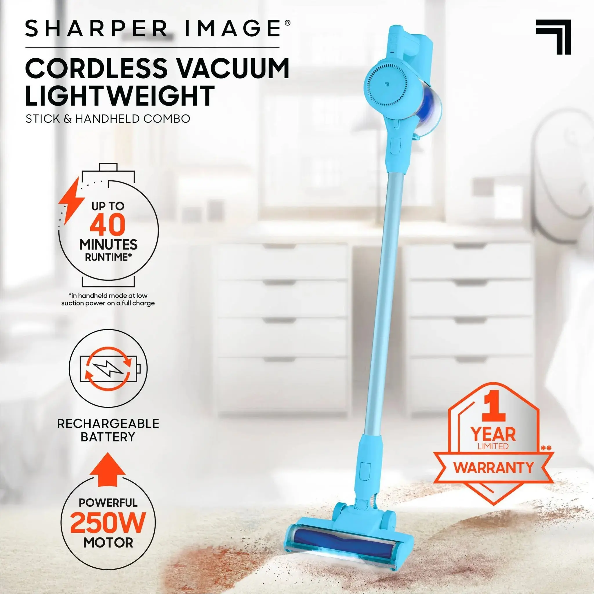 Sharper Image 2-in-1 Brushed Motor Cordless Stick And Handheld Vacuum - Blue