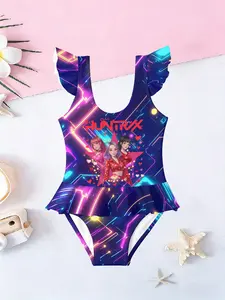 Girls' Huntrax Character Print One-Piece Ruffle Trim Swimsuit, Neon Laser Ruffle, Casual Sleeveless Beachwear, Slim-Fitting All over Print