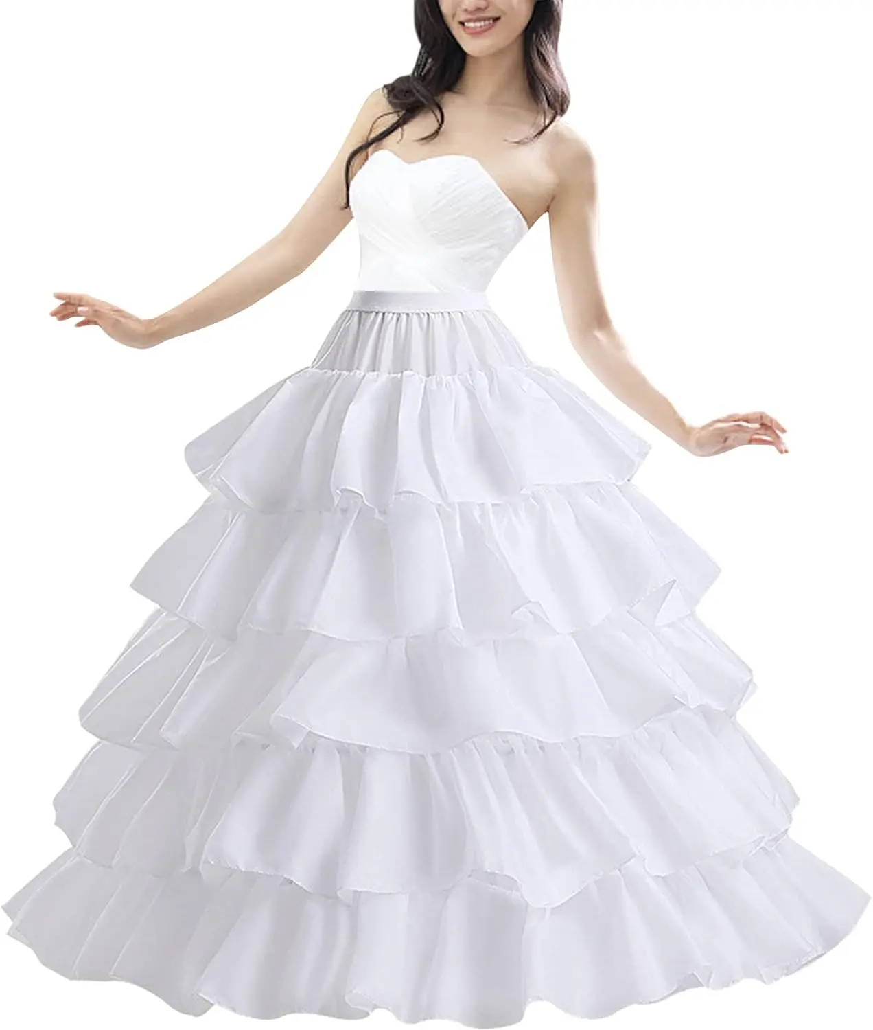 Women 4-hoop 5-ruffle crinoline petticoat slip for wedding formal dresses | Adjustable velcro drawstring waist. Lightweight, supportive for full volume. Foldable, reusable & washable