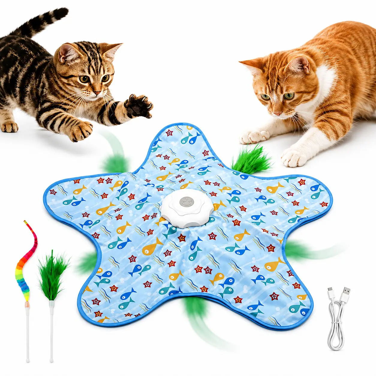 Interactive Moving Feather Cat Toy / Colorful Pentagonal Cat Hunting Toy / Electric Auto-Rotating Feather Teaser / Rechargeable Hide & Seek Cat Toy / Self Play Automatic Cat Toy / 2 Feather Refills / Indoor Cat Enrichment Toy