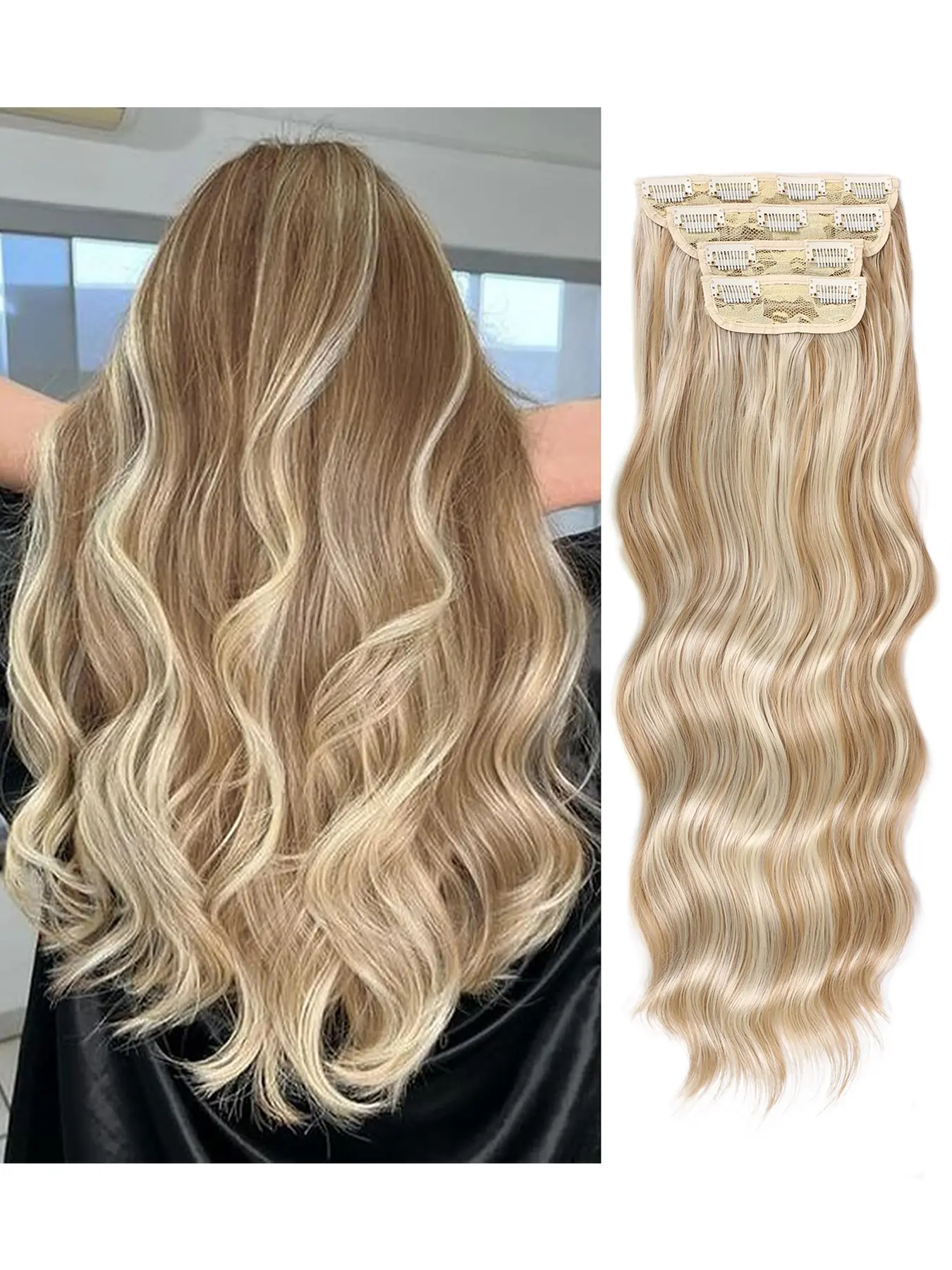 Hair Extensions 22 Inch 4 Packs Clip in Hair Extensions for women Blonde Curly Wave Extensions Long Deep Wavy Curly Synthetic Hair Extension Easy To Install for Full Head Glueless Kinky Edges Fiber Synthetic Curls