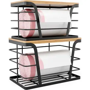 2 Pack Stackable Storage Laundry Kitchen Organizers, Wall Mount Trash Bag Holder with Bamboo Top and Garbage Bag Dispenser No Drill