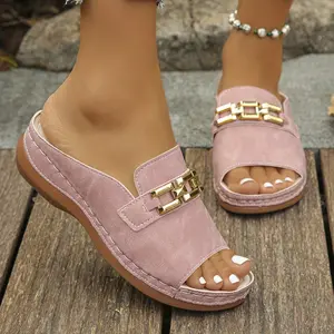 Sizes 36-43 Plus Size Thick-soled Slip-resistant Sandals For Women, Fashionable Pink Slope-heel Ideal For Summer Outdoor Beach Wear