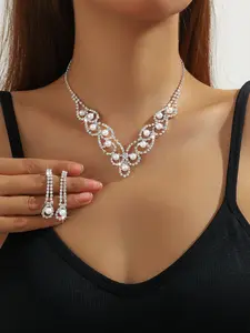 Luxury Vintage Faux Pearl Necklace Earrings Set, Elegant Bridal Jewelry, High-End Retro Style, Perfect Wedding Accessories