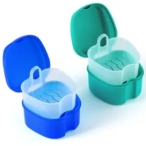 2pcs Denture Bath Case, Denture Cup for Soaking Dentures with Strainer Basket Tray for Dentures, Mouth Guard Storage Case (Navy Blue/Teal Blue)