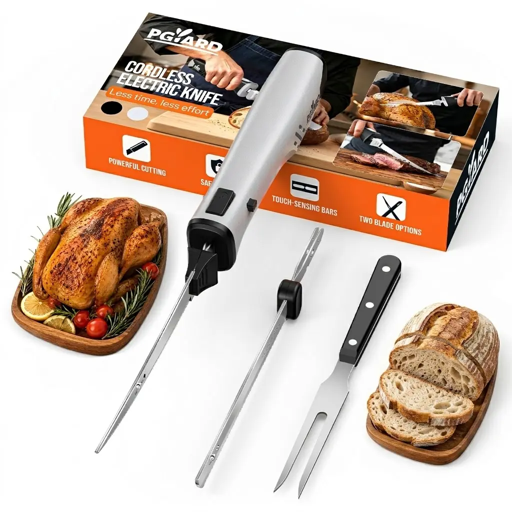 Electric Knife, Cordless Electric Knife for Meat & Bread Slicing, 420J2 Stainless Steel Blades, 2 Blades, Electric Kitchen Knife for Turkey, Cutting Meats, Poultry, Bread, Cheese, Crafting Foam & More,Fillet Knife,15000RPM High-Motor, Dual Safety Lock