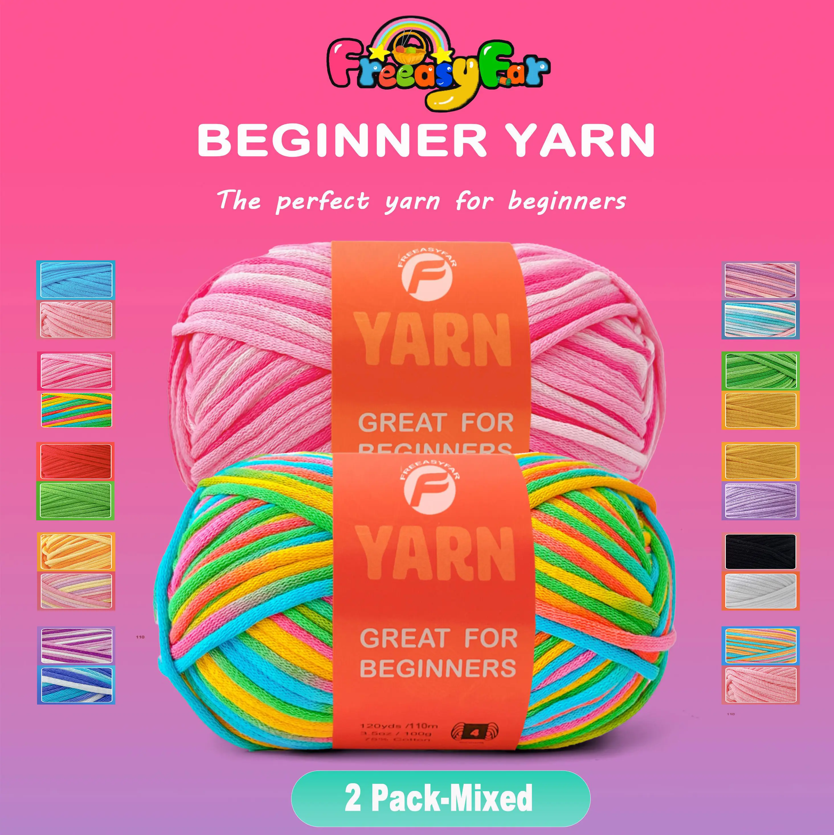FREEASYFAR 1 Pack Beginner Crochet and Knit Yarn,Soft Cotton Blend Yarn for Crocheting and Knitting with Clear Stitches; Worsted-Weight Medium #4;120Yards/3.5Oz;(2 Big Skein-Mixed))