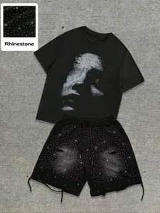 Men's Casual Loose Graphic T-Shirt and Shorts Set, All-Over Print with Rhinestone Accents, Distressed Details for All Seasons Fashion