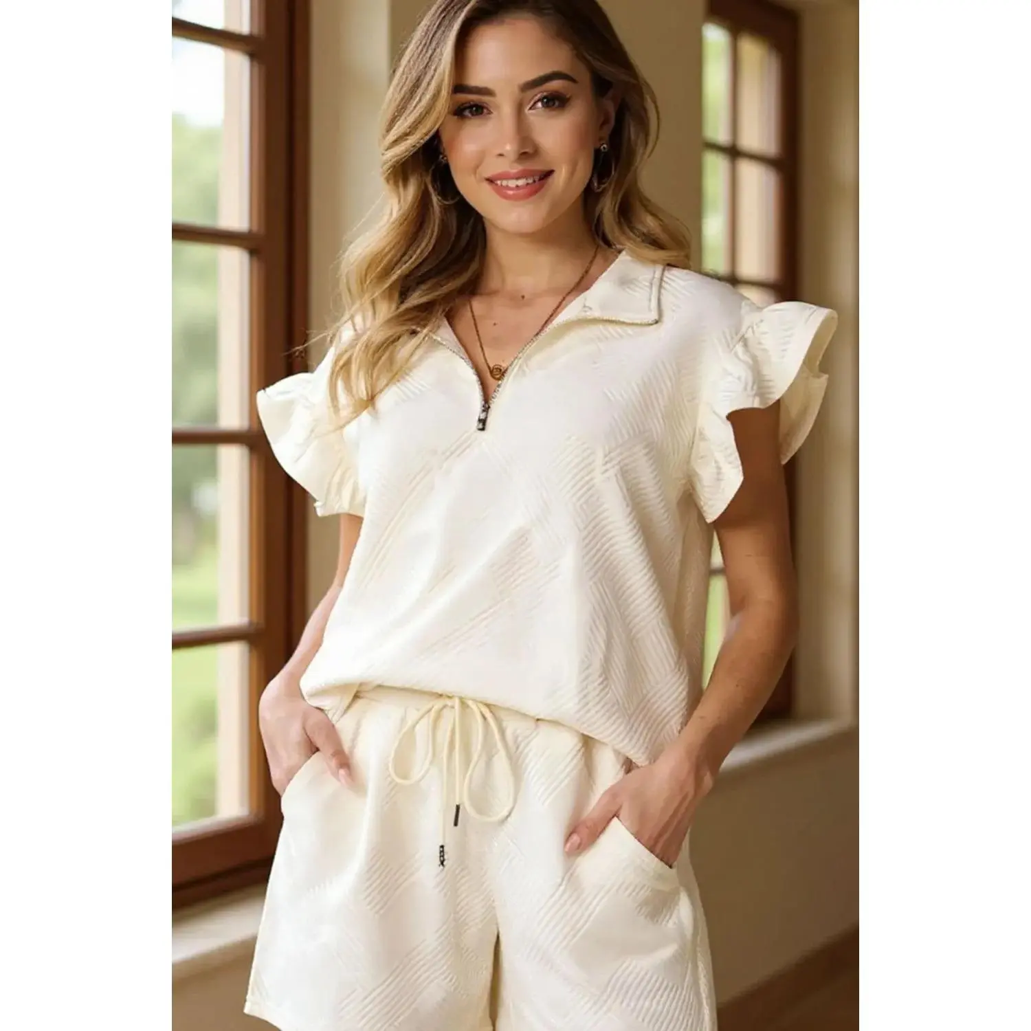 Double Take Full Size Texture Ruffle Sleeve Top and Drawstring Shorts Set