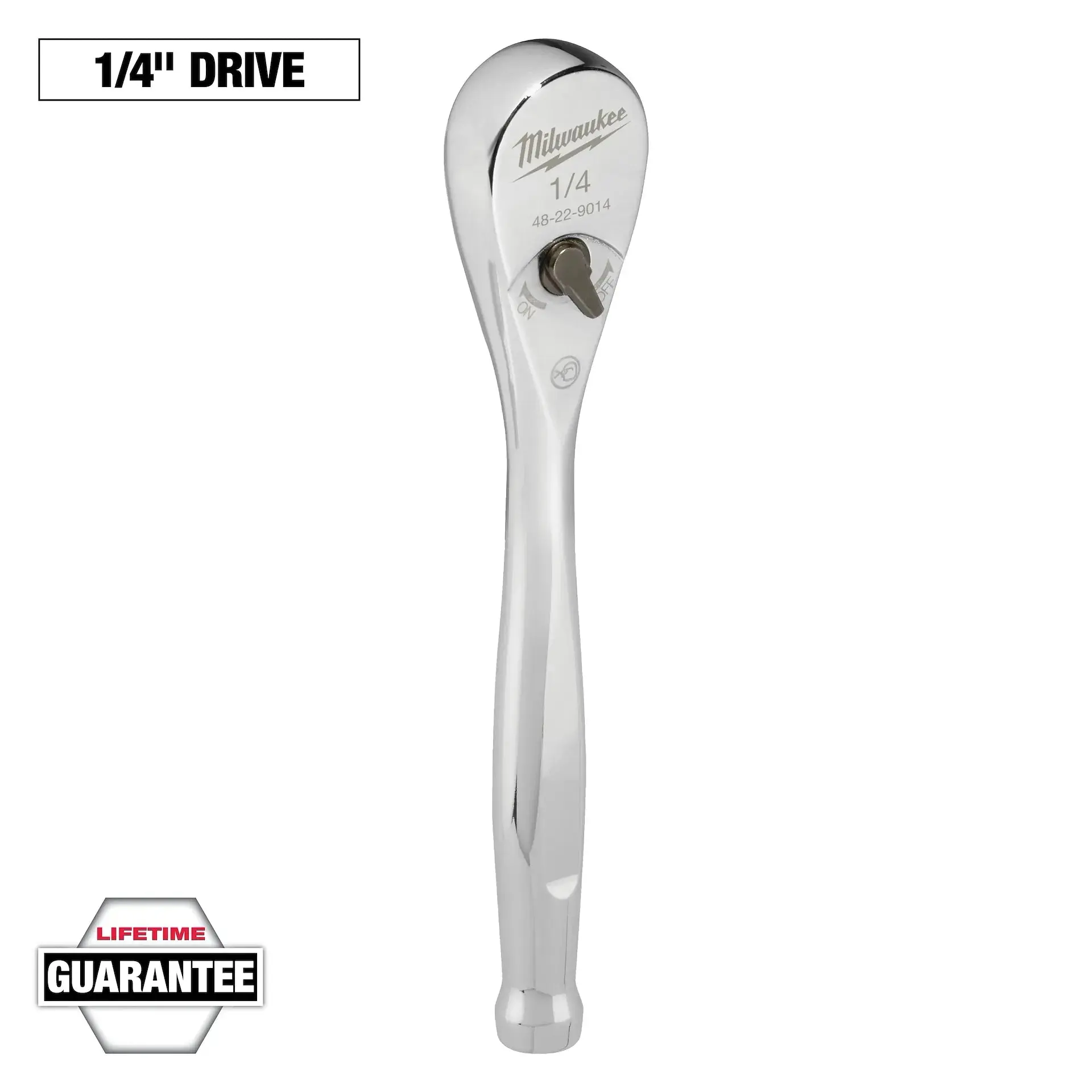 Milwaukee 48-22-9014 1/4" Drive Ratchet, 90-tooth, Chrome Finish, Arc Swing Design, Flush Directional Lever, Ideal for Tight Spaces, Slim Profile Design