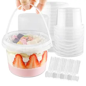 20 sets of 16 oz disposable clear cups with lids, handles, and spoons — great for boba tea, yogurt, and fruit cups