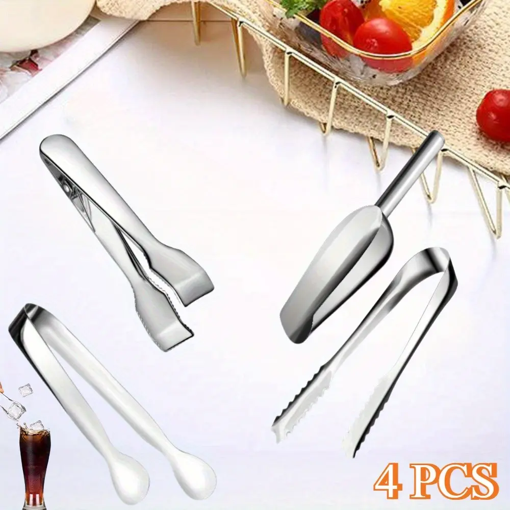 4pcs Mix (Silver) Sturdy Stainless Steel Utensil Set - Teethed Ice Tongs, Shovel Scoops for Camping Kitchen, Freezer Buffet Events,summerwins