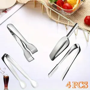 4 Pieces Silver Ice Tongs and Scoops for Ice Bucket Stainless Steel Versatile Serving Tongs with Teeth Shovel Scoop for Freezer Kitchen Food Buffet Cocktail Tea Party Bar Wedding BBQ