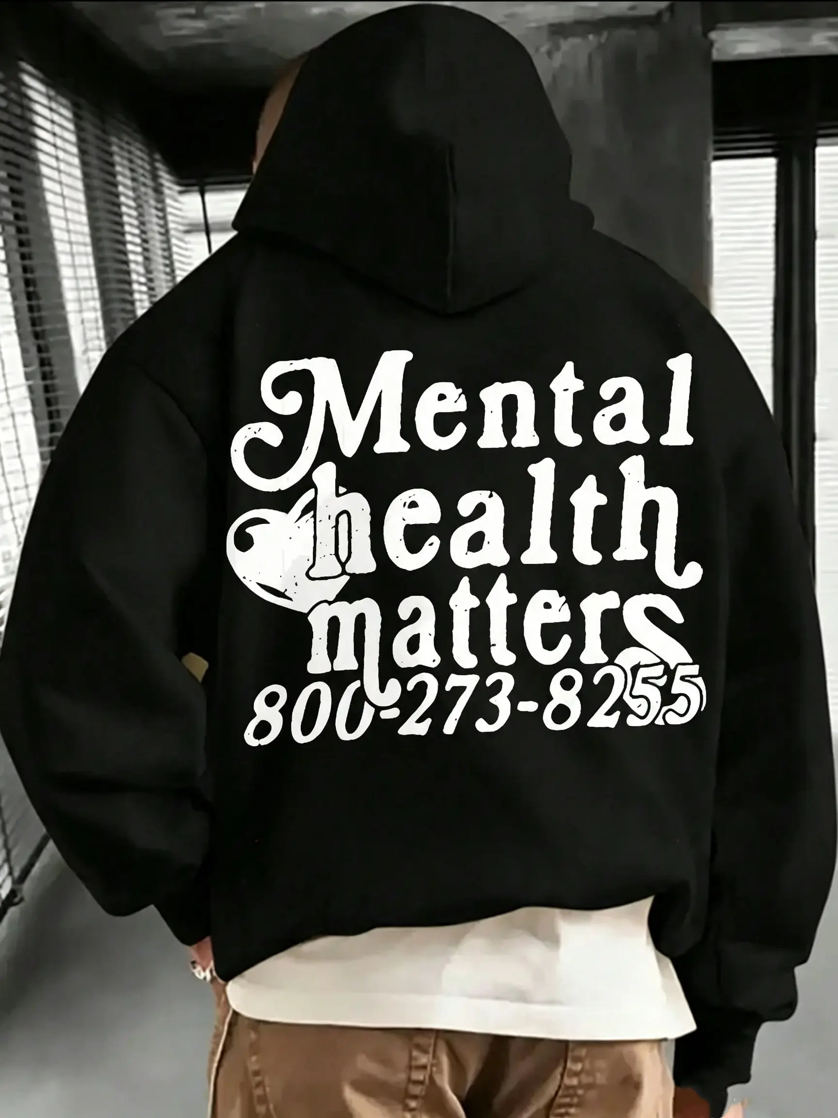 Men’s “Mental Health Matters” back print hoodie, oversized unisex couple hooded sweatshirt, vintage distressed letter pullover, streetwear aesthetic long sleeve hoodie, casual top with back graphic, fall back-to-school outfits for men and women