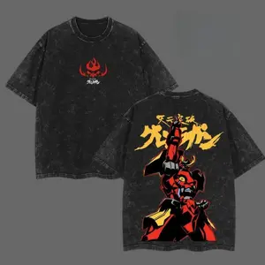 Gurren Lagann Oversized Tee Washed Heavyweight Cotton Double Printed Kamina Simon Mecha Graphic Spiral Energy Aesthetic Vintage Anime Streetwear Crewneck Top Casual Daily Wear Fashion Comfortable Shirt For Mecha Fans Otaku And Anime Collectors