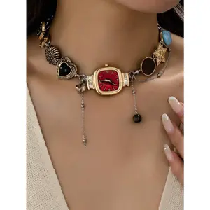 Female Y2K Style Zinc Alloy Multi-Element Necklace, Featuring Watch, Heart, Star, Butterfly Charms, Gemstones, Rhinestones, Daily Wear Fashion Jewelry, Valentine's Day Gift Accessory