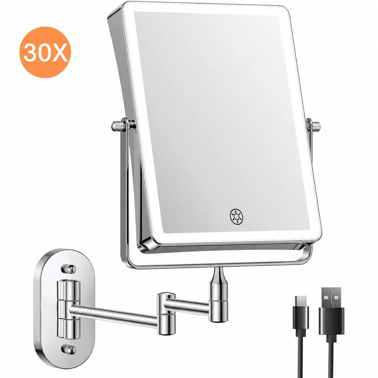 8.7" 5000mAh Rechargeable Wall Mounted Makeup Mirror (Chrome) |   Double Sided 1X/30X Rectangle Wall Mounted Magnifying Mirror with Light, 3 Color Setting, Extended Arm 360 °   Swivel Foldable