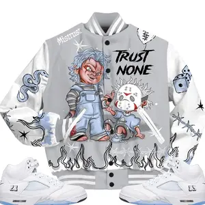 Retro White Metallic 5s Outfits Varsity Jacket, Scary Trust No One Unisex T-Shirts To Match Sneakers Streetwear