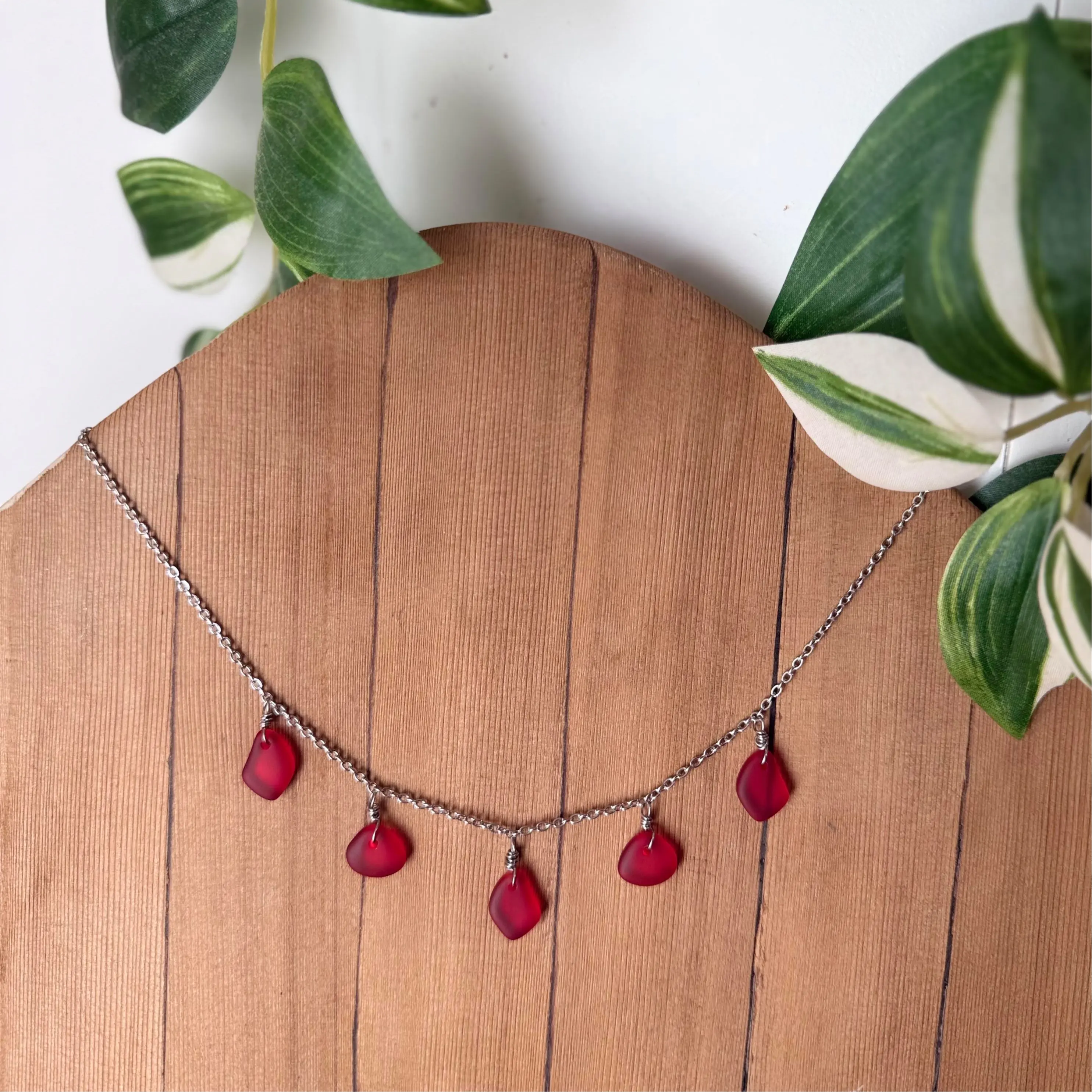 Cherry Red Seaglass Necklace - Stainless Steel