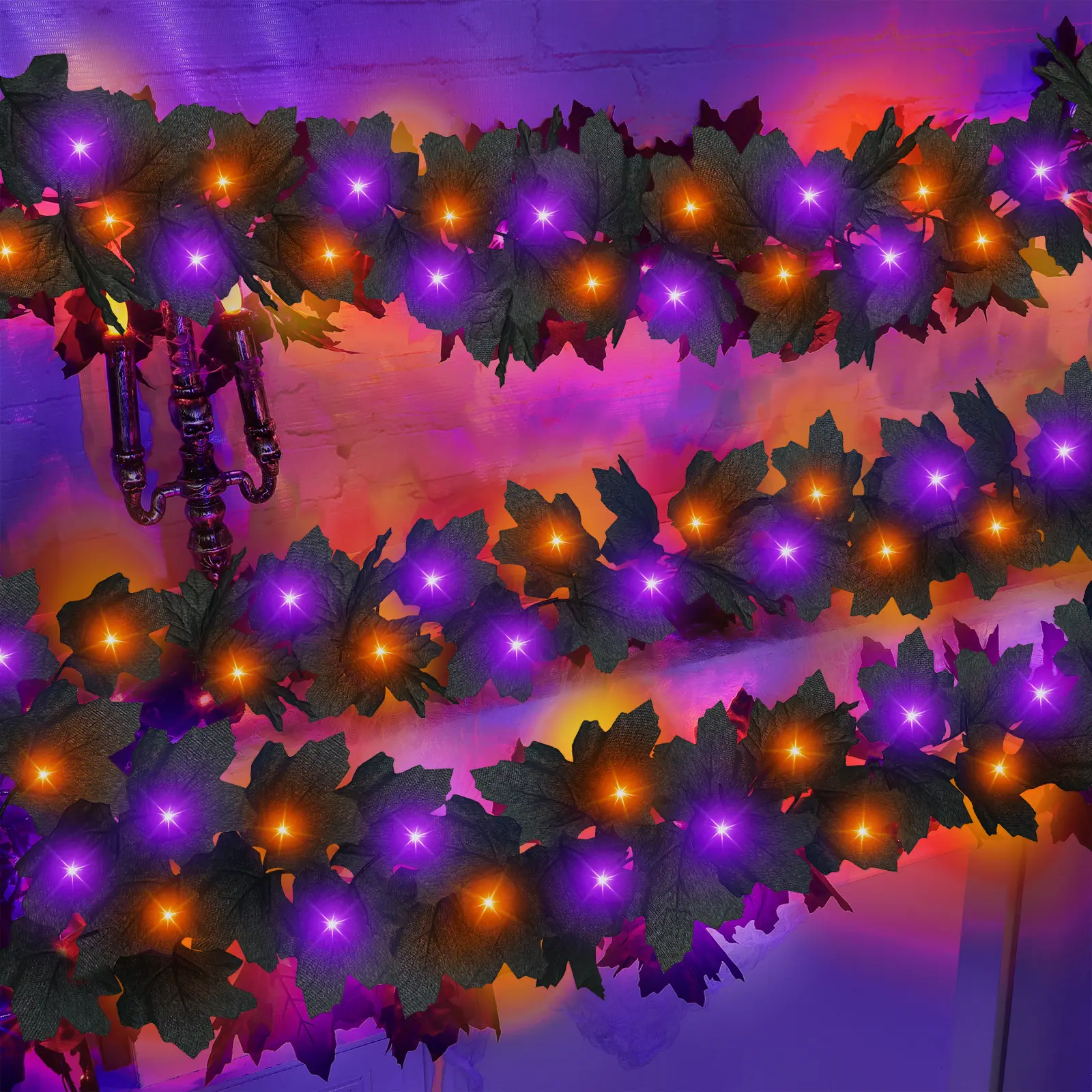 Timer & 3 Pack - Halloween Garland with Orange & Purple Lights, Total 18Ft 78LED, Battery Operated Lighted Black Maples Leaves Garland Halloween Decor for Mantle Door Stairs Indoor Outdoor