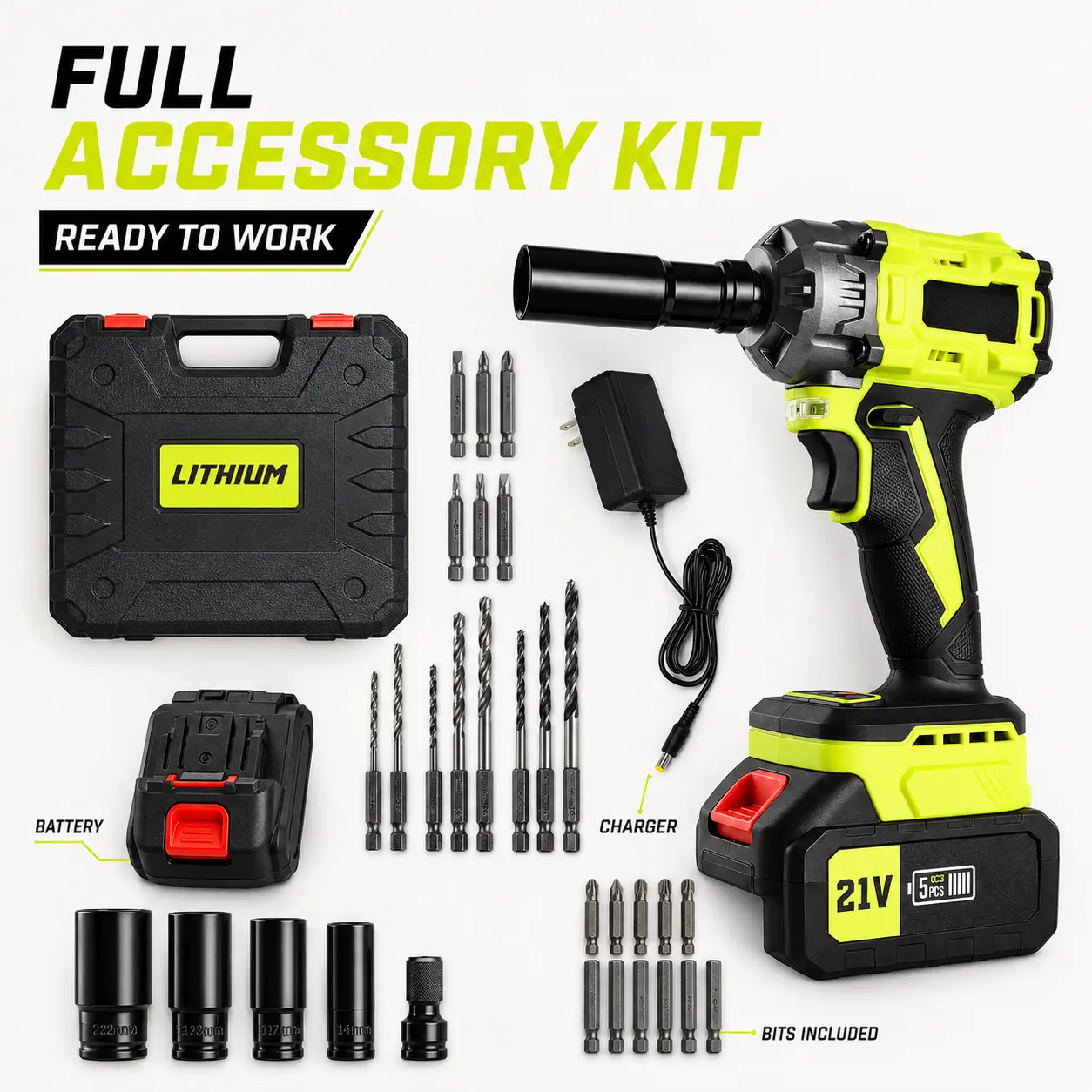 Cordless impact wrench, 21V high torque power impact driver, 2x4.0Ah battery electric impact motor transmission, suitable for household cars/pickups/lawn mowers