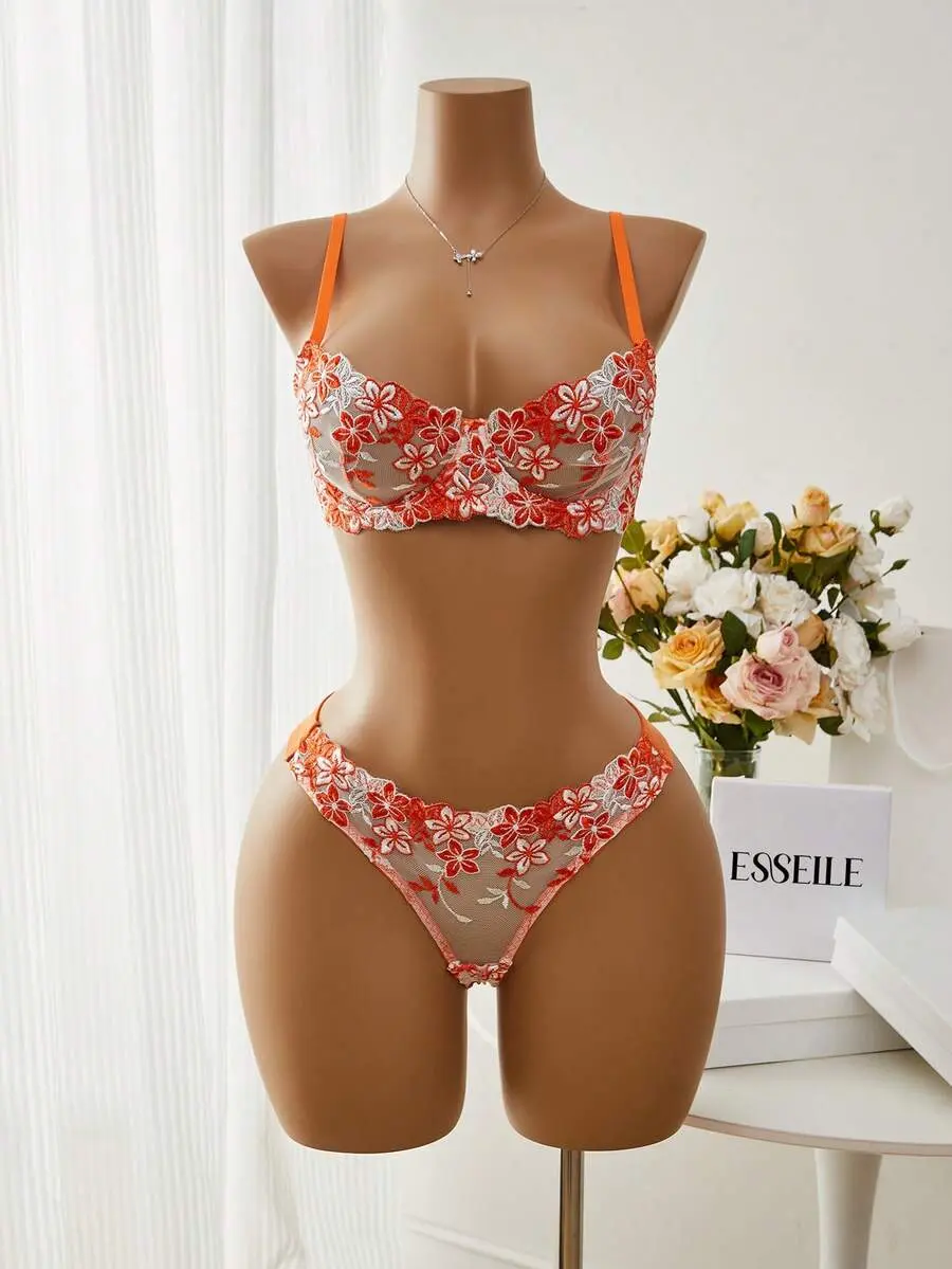 2pcs/Set Pink Romantic Padded Wire Bra & Panty Set For Women, Lingerie
