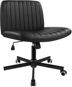 Black PU Stool Chair with Wheels Height Adjustable Swivel Vanity Chair for Home Office Desk Chair with Wide Seat