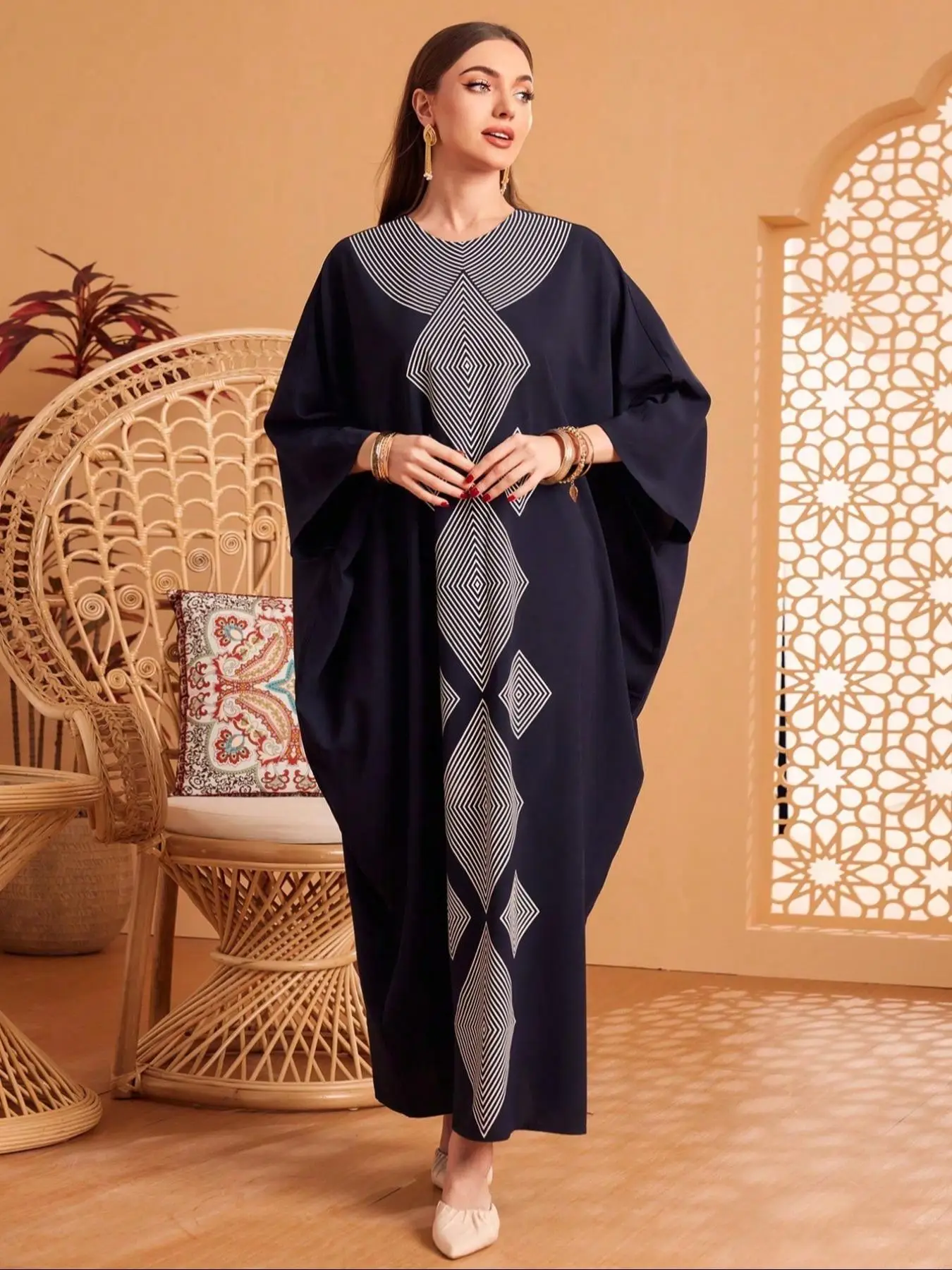 Women's Geometric Print Long Sleeve Abaya, Modest Casual Open Front Kaftan Maxi Muslim Dress for Daily Wear, Ladies Islamic Clothing for All Seasons